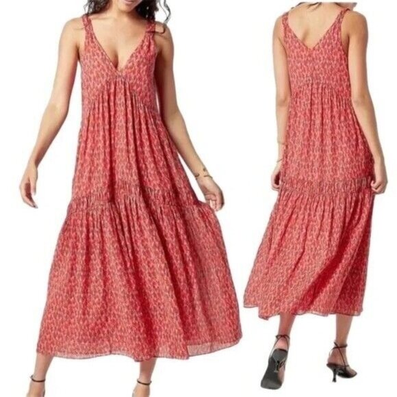 Joie Maxi Dress Size Small Tiered Lined Peasant Ikat Red Pink Tea Rose JE6001PR - Picture 1 of 9